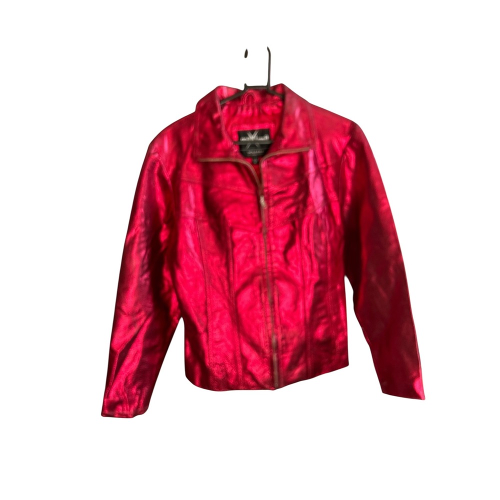 Maxima Wilsons The Leather Experts Womens Red Metallic Leather Moto Jacket Med